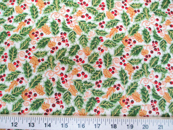 Discount Fabric Cotton Apparel Christmas Holly Red, Green, Gold and White T22 Discount Fabric Cotton Apparel Christmas Holly Red, Green, Gold and White T22