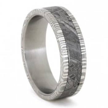 7 mm Damascus Steel and Gibeon Meteorite Wedding Ring - D779M 7 mm Damascus Steel and Gibeon Meteorite Wedding Ring - D779M