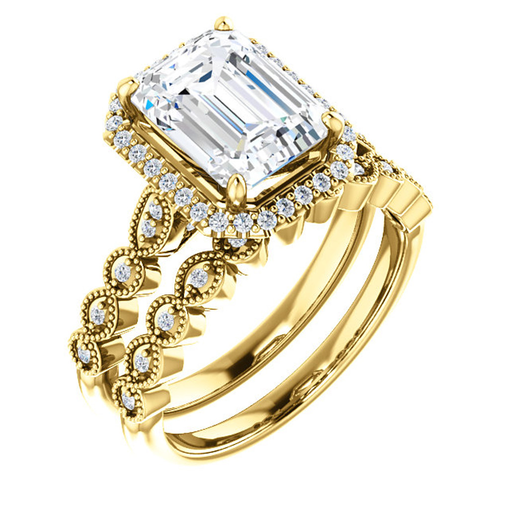 Tamara Cubic Zirconia Halo Wedding Set Stunning 2 Carat Emerald Cut Cubic Zirconia Halo Wedding Set In Solid 14 Karat Yellow Gold
