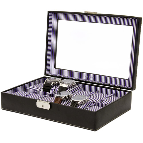 Black Leather and Purple Pinstripe Mens Watch Display Case | TechSwiss Modern Watch Cases | TechSwiss TS2870BLK | Main