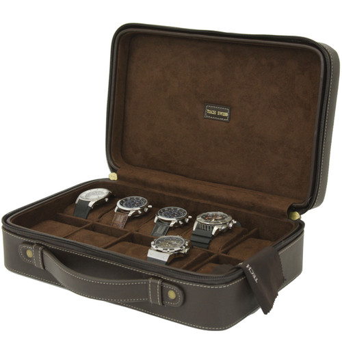 Compact Leather Briefcase Watch Case in Espresso