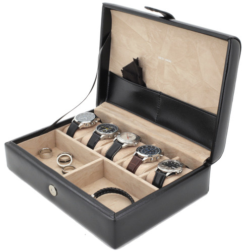 Mens Leather Valet Dresser Top Watch Case | Striped Premium Mens Organizers | TechSwiss TS8654BLK | Main