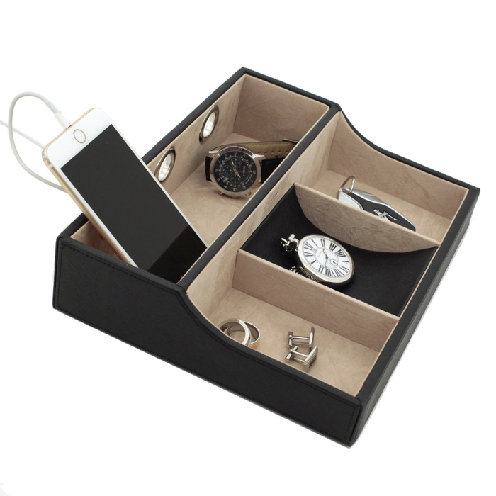 Mens Luxury Dresser Top Valet Black Leather Charging Station Kensington Charging Station