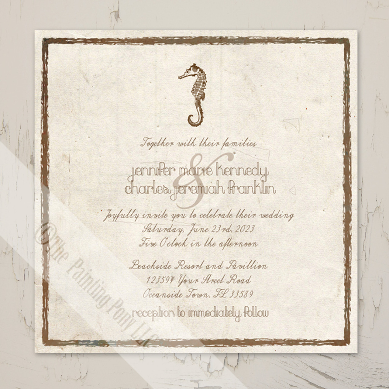 Seahorse Beach Wedding Invitation 25 Pk The Painting Pony Vintage Brown And Ivory Seahorse Beach Wedding Invitations Stationery
