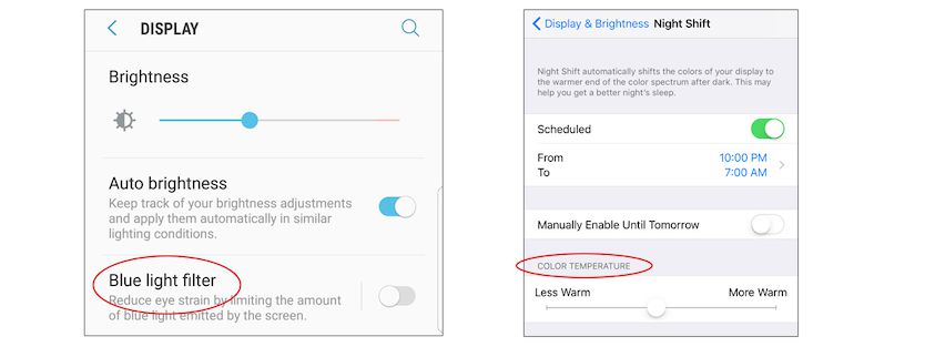 Adjust blue light filter on iPhone and Samsung