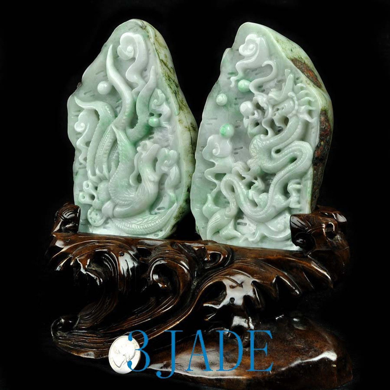 2 Natural Jadeite Jade Carving Dragon Phoenix Statues / Asian Art