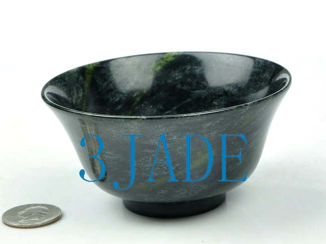 Hand Carved Natural Black Green Jade / Serpentine Stone Bowl N002042
