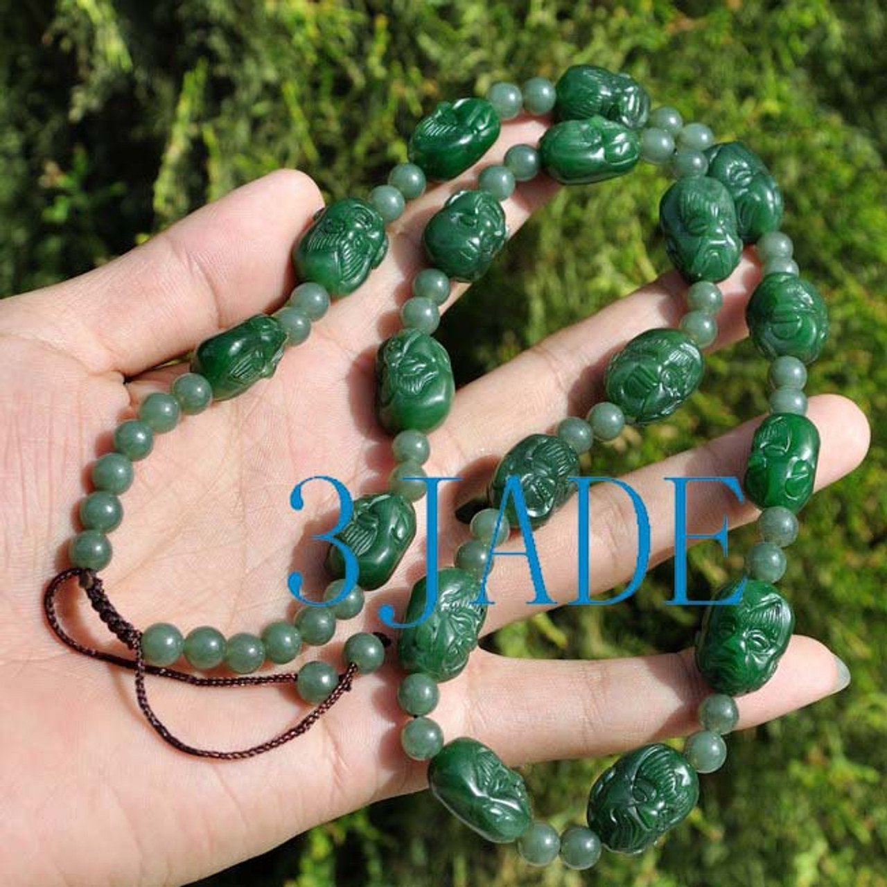 Hand Carved Green Nephrite Jade 18 Arhat Buddha 18mm Beads Necklace ...