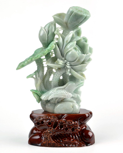 A Grade Green Jadeite Jade Lotus Flower Bird Statue Carving Sculpture w