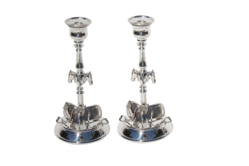 Pair English Fox & Horse Candlesticks Silver Plated