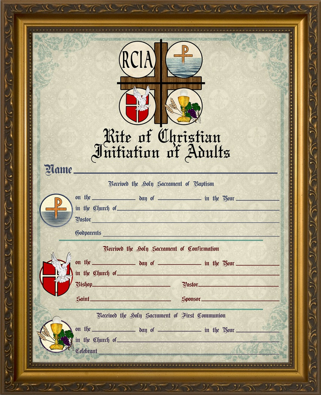 rcia sacrament certificate of initiation in gold frame catholic to