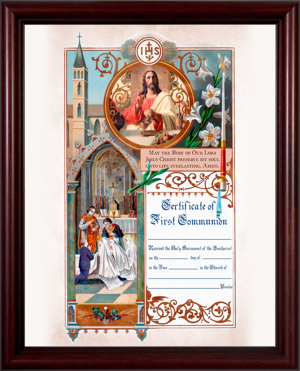 Traditional First Communion Sacrament Certificate with Priests in