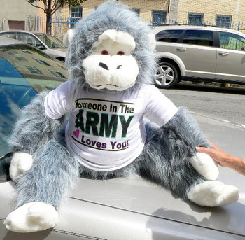 Big Plush Gray and White Gorilla, Wears T-shirt Somebody in the Army Loves You Big Plush Gray and White Gorilla, Wears T-shirt Somebody in the Army Loves You