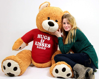 Big Plush Giant Valentine Teddy Bear Five Feet Tall Honey Brown Color Wears Tshirt that says HUGS AND KISSES XOXO Big Plush Giant Valentine Teddy Bear Five Feet Tall Honey Brown Color Wears Tshirt that says HUGS AND KISSES XOXO