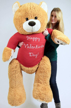 Big Plush Giant Valentine Teddy Bear Five Feet Tall Honey Brown Color Wears Tshirt that says HAPPY VALENTINES DAY Big Plush Giant Valentine Teddy Bear Five Feet Tall Honey Brown Color Wears Tshirt that says HAPPY VALENTINES DAY