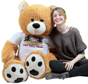 Big Plush Giant Funny Teddy Bear 55 Inches Honey Brown Color Wears Tshirt that says STOP MONKEYING AROUND AND SMILE DAMN IT Big Plush Giant Funny Teddy Bear 55 Inches Honey Brown Color Wears Tshirt that says STOP MONKEYING AROUND AND SMILE DAMN IT