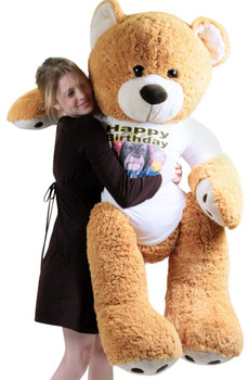 Giant Happy Birthday Teddy Bear 55 Inches Honey Brown Color Wears Tshirt that says HAPPY BIRTHDAY MONKEY FACE Giant Happy Birthday Teddy Bear 55 Inches Honey Brown Color Wears Tshirt that says HAPPY BIRTHDAY MONKEY FACE