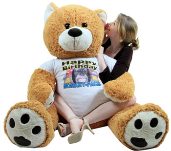 Giant Happy Birthday Teddy Bear 55 Inches Honey Brown Color Wears Tshirt that says HAPPY BIRTHDAY MONKEY FACE Giant Happy Birthday Teddy Bear 55 Inches Honey Brown Color Wears Tshirt that says HAPPY BIRTHDAY MONKEY FACE