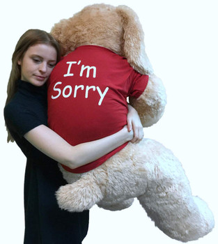 Say I'm Sorry With Giant Stuffed Puppy Dog 5 Foot Soft Tan Wears T shirt that says I'M SORRY Say I'm Sorry With Giant Stuffed Puppy Dog 5 Foot Soft Tan Wears T shirt that says I'M SORRY