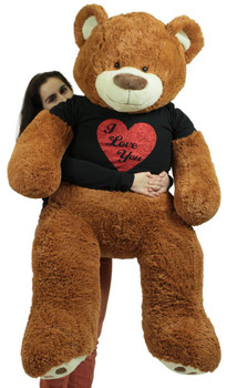 5 Foot Very Big Smiling Teddy Bear Wearing Black and Red I Love You T-shirt Soft Cookie Dough Color 5 Foot Very Big Smiling Teddy Bear Wearing Black and Red I Love You T-shirt Soft Cookie Dough Color