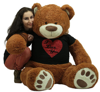 5 Foot Very Big Smiling Teddy Bear Wearing Black and Red I Love You T-shirt Soft Cookie Dough Color 5 Foot Very Big Smiling Teddy Bear Wearing Black and Red I Love You T-shirt Soft Cookie Dough Color