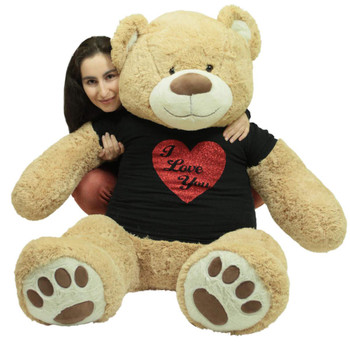 5 Foot Very Big Smiling Teddy Bear Wearing Black and Red I Love You T-shirt Soft Tan Color 5 Foot Very Big Smiling Teddy Bear Wearing Black and Red I Love You T-shirt Soft Tan Color