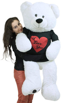 Very Big Valentine White Teddy Bear Wears Removable Black and Red Glitter T-shirt I Love You Soft 52 Inches Very Big Valentine White Teddy Bear Wears Removable Black and Red Glitter T-shirt I Love You Soft 52 Inches