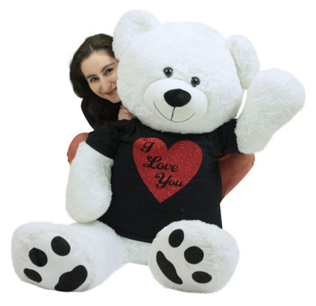Very Big Valentine White Teddy Bear Wears Removable Black and Red Glitter T-shirt I Love You Soft 52 Inches Very Big Valentine White Teddy Bear Wears Removable Black and Red Glitter T-shirt I Love You Soft 52 Inches