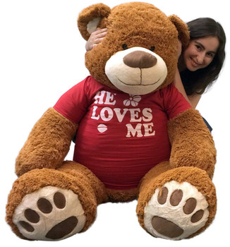 Big Plush 5 Foot Giant Teddy Bear 60 Inch Soft Brown Wears HE LOVES ME T-shirt Big Plush 5 Foot Giant Teddy Bear 60 Inch Soft Brown Wears HE LOVES ME T-shirt