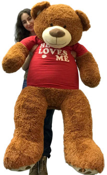 Big Plush 5 Foot Giant Teddy Bear 60 Inch Soft Brown Wears HE LOVES ME T-shirt Big Plush 5 Foot Giant Teddy Bear 60 Inch Soft Brown Wears HE LOVES ME T-shirt