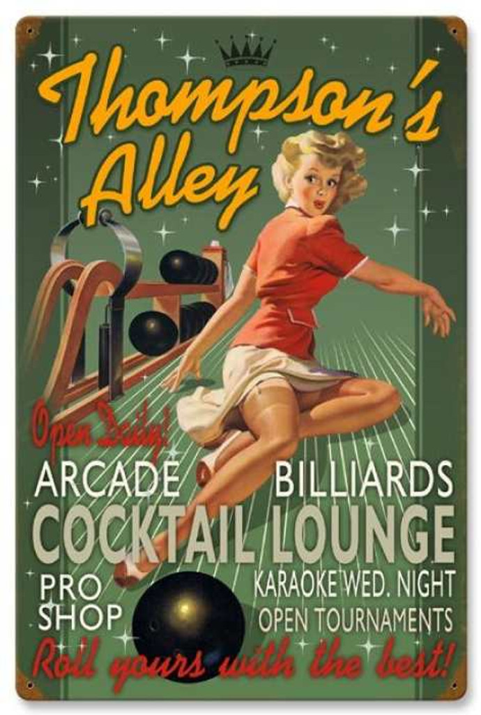 Retro Bowling Alley Pin Up Girl Metal Sign