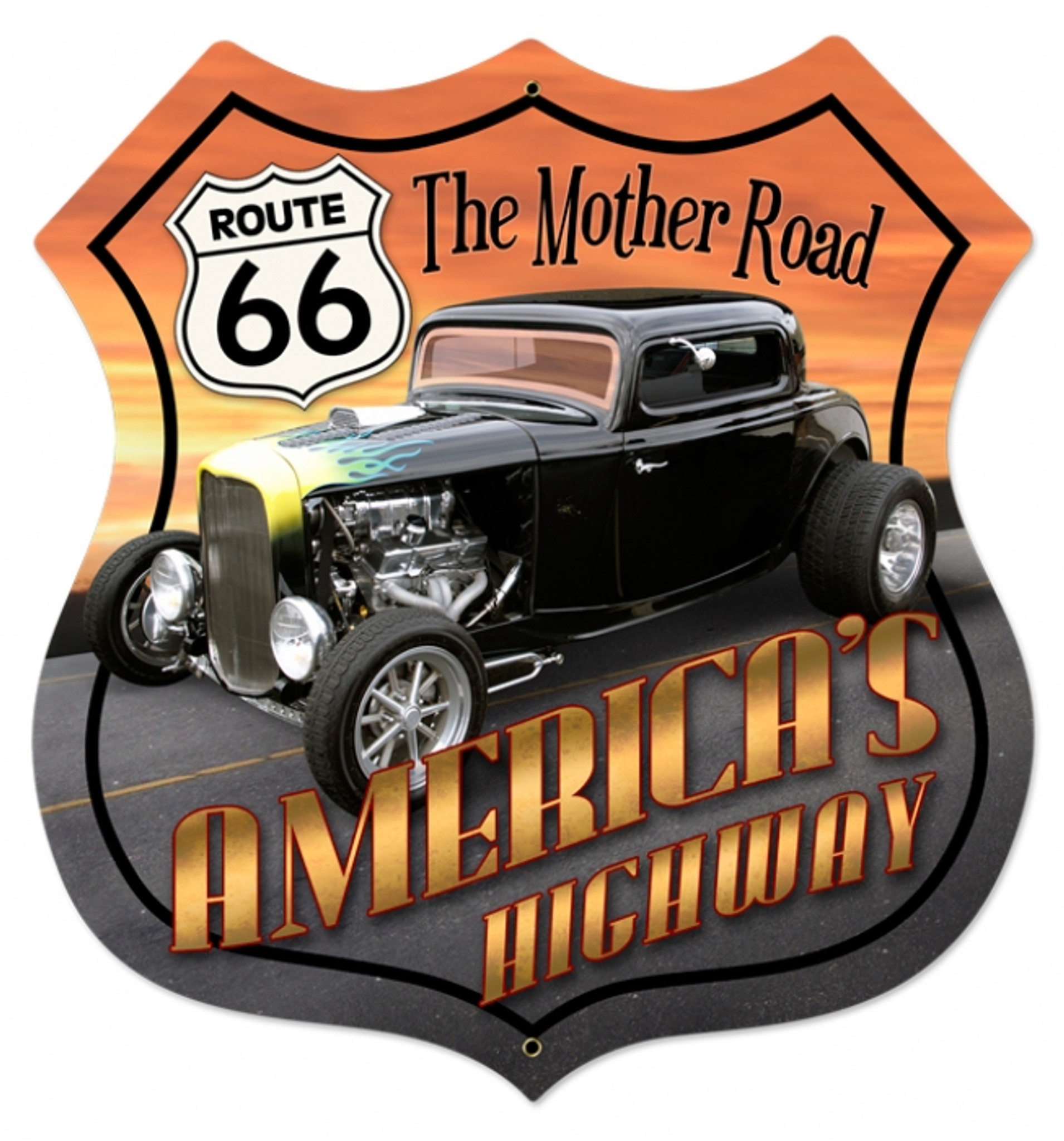 Retro Route 66 Hot Rod Shield Metal Sign 28 x 28 Inches