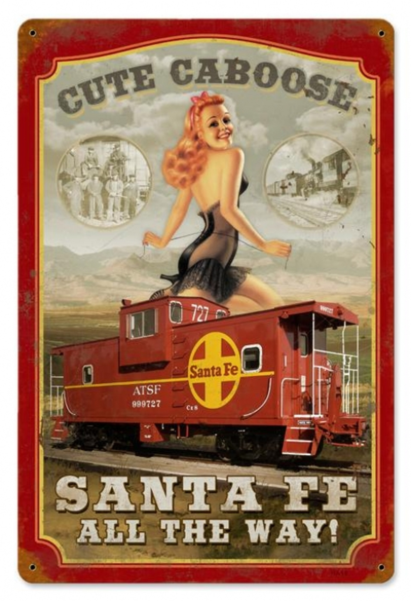 Retro Sante Fe Caboose Pin Up Girl Metal Sign 18 X 12 Inches