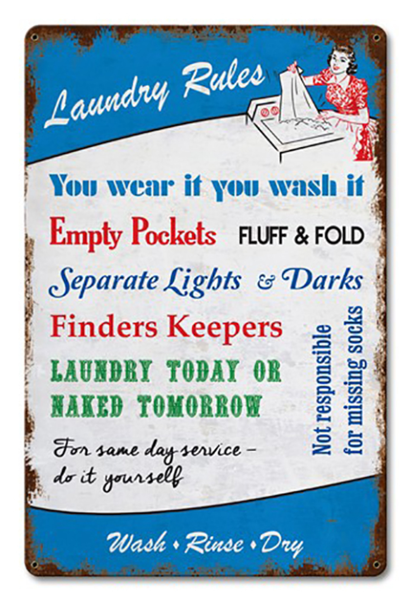 Laundry Rules Metal Sign 18 x 12 Inches