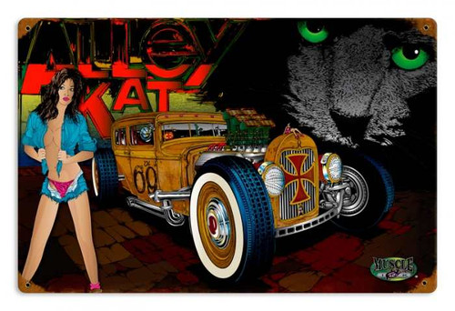 Vintage Rat Rod Alley Cat Metal Sign