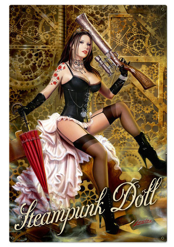 Retro Steampunk Doll Tin Sign 24 x 36 Inches