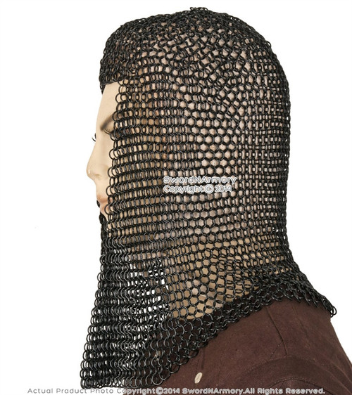 Black Medieval Chainmail Hood Coif Butted MildSteel LARP Renaissance ...