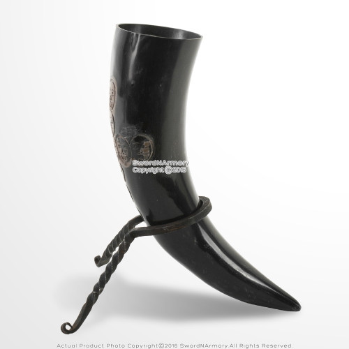Medieval Pirate Skull Cross Engraved Cow Horn Viking Mug with Iron Display Rack Medieval Pirate Skull Cross Engraved Cow Horn Viking Mug with Iron Display Rack