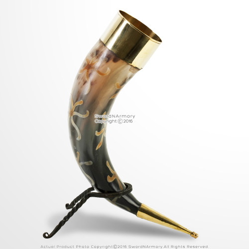 Handmade Viking Earthen Design Engraved Cow Horn Medieval Drinking Mug w/ Rack Handmade Viking Earthen Design Engraved Cow Horn Medieval Drinking Mug w/ Rack