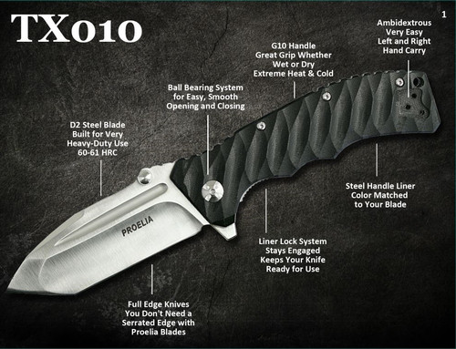 Defcon TX010 Proelia Tanto Point D2 Steel Blade Ball Bearing Liner Lock G10 Handle Tactical Folding Knife *comes in a variety of blade finishes and handle colors* Defcon TX010 Proelia Tanto Point D2 Steel Blade Ball Bearing Liner Lock G10 Handle Tactical Folding Knife *comes in a variety of blade finishes and handle colors*