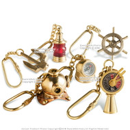 Set of 6 Handmade Brass Miniature Keychain Keyring Nautical Gift Souvenir Navigation Wheel Stockless Anchor Helmet