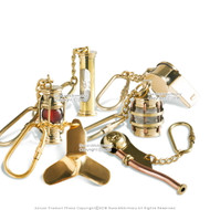 Set of 6 Handmade Brass Miniature Keychain Keyring Nautical Gift Souvenir Sand Timer Whistle Lantern Ship Propeller