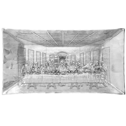 Hand forged aluminum tray with religious theme Hand forged aluminum tray with religious theme