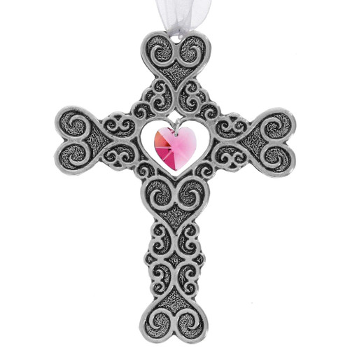 Filigree Heart Cross Ornament Pink Crystal Filigree Heart Cross Ornament Pink Crystal
