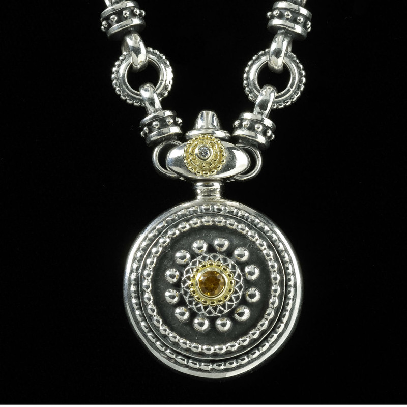 Sun Dial Necklace, Sterling Silver, 18 k Gold, Citrine handmade by Bowman Originals, Sarasota, 941-302-9594.