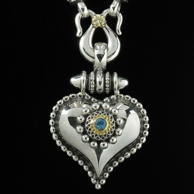 Handmade Sterling Silver Heart Necklace with 18 K Gold and Blue Topaz by Bowman Originals, Sarasota, 941-302-9594