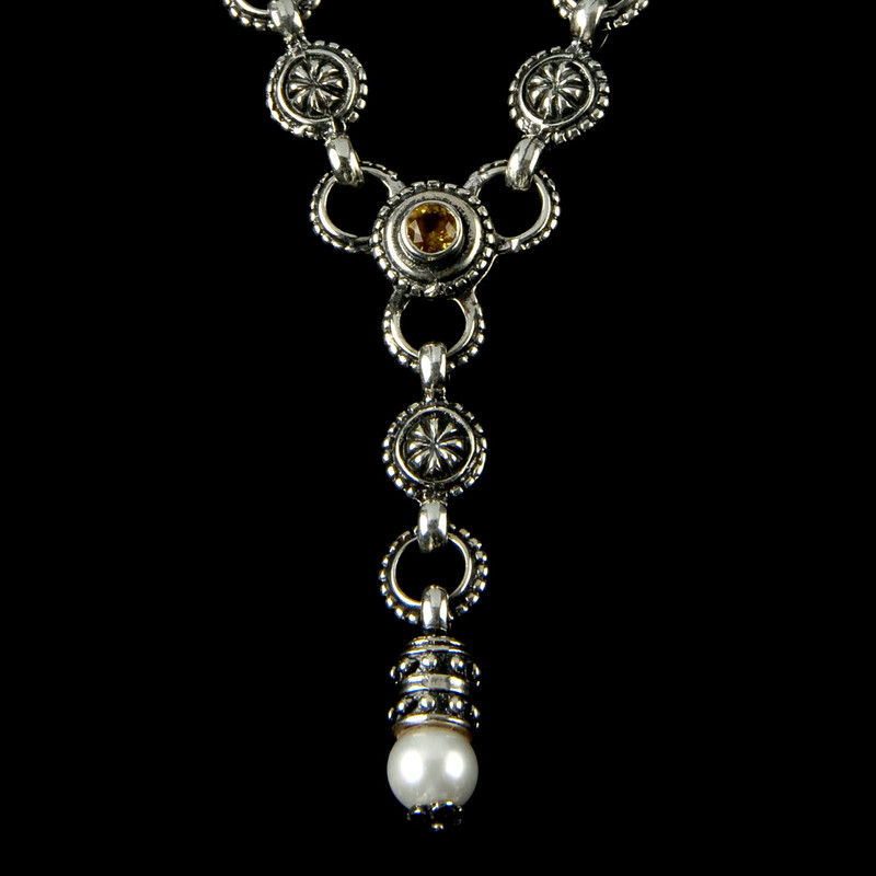 "Y" Necklace details with Citrine and Pearl in a Silver link necklace by Bowman Originals, Sarasota, 941-302-9594