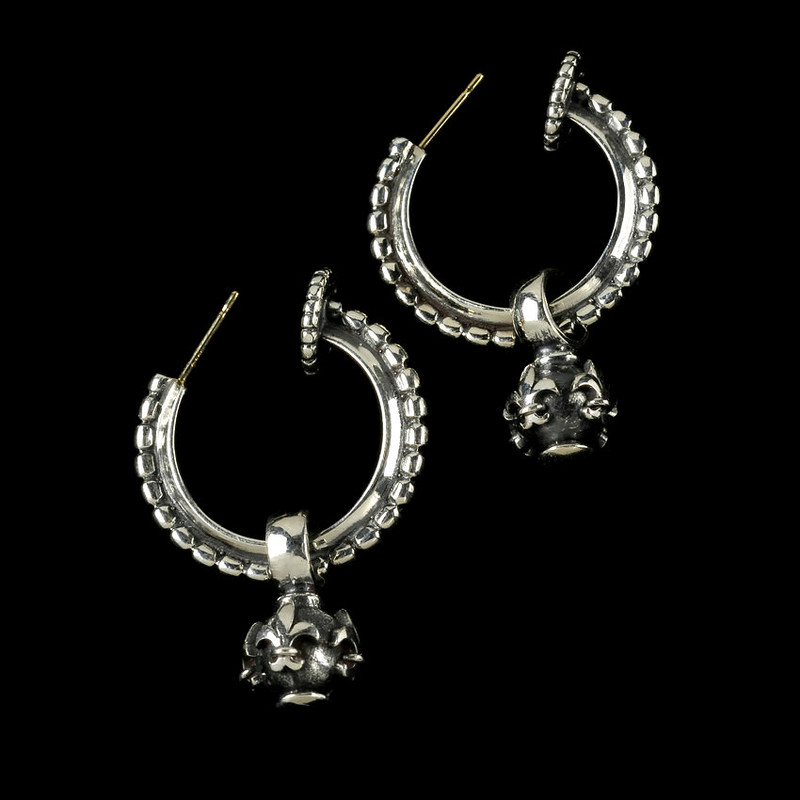 Hoop Earrings with Fleur de Lis Globes in handmade Sterling Silver by Bowman Originals, USA