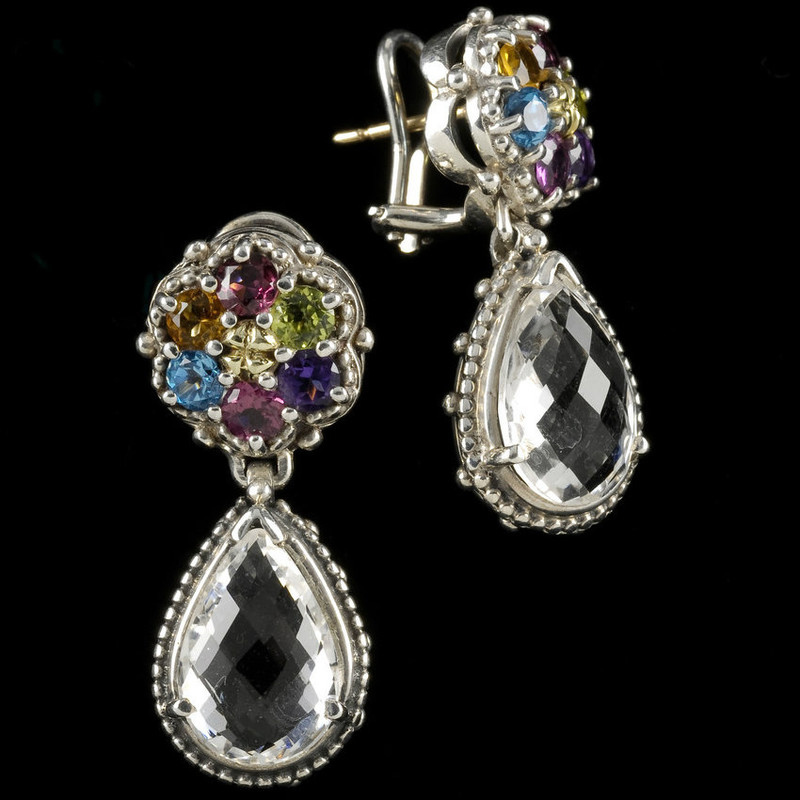 Multi Color Gemstone Cluster Earrings with White Topaz Drops, Sterling Silver, 18 k Gold by Bowman Originals, Sarasota, 941-302-9594.