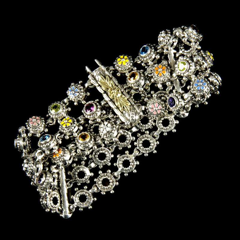 Three Row Bracelet handmade in Sterling Silver with Enamel and Gemstones by Bowman Originals, USA